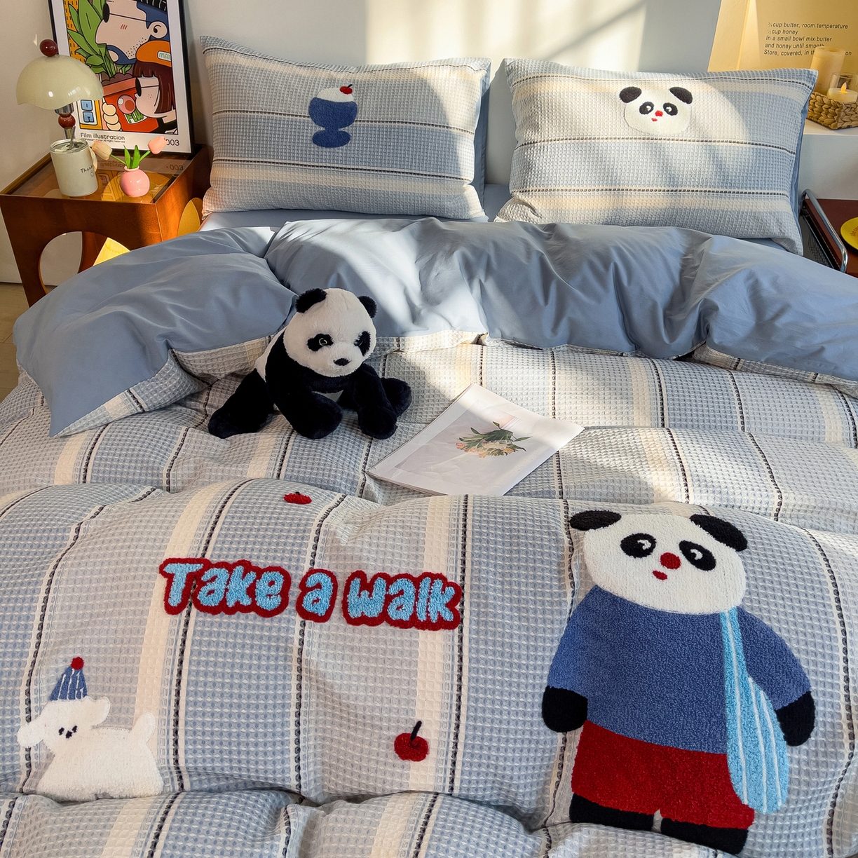 91家纺网 家纺一手货源 找家纺 （总）炫拼家纺 2026新款A类全棉色织华夫格卡通毛巾绣B版40支纯棉水洗棉四件套-乐邦系列