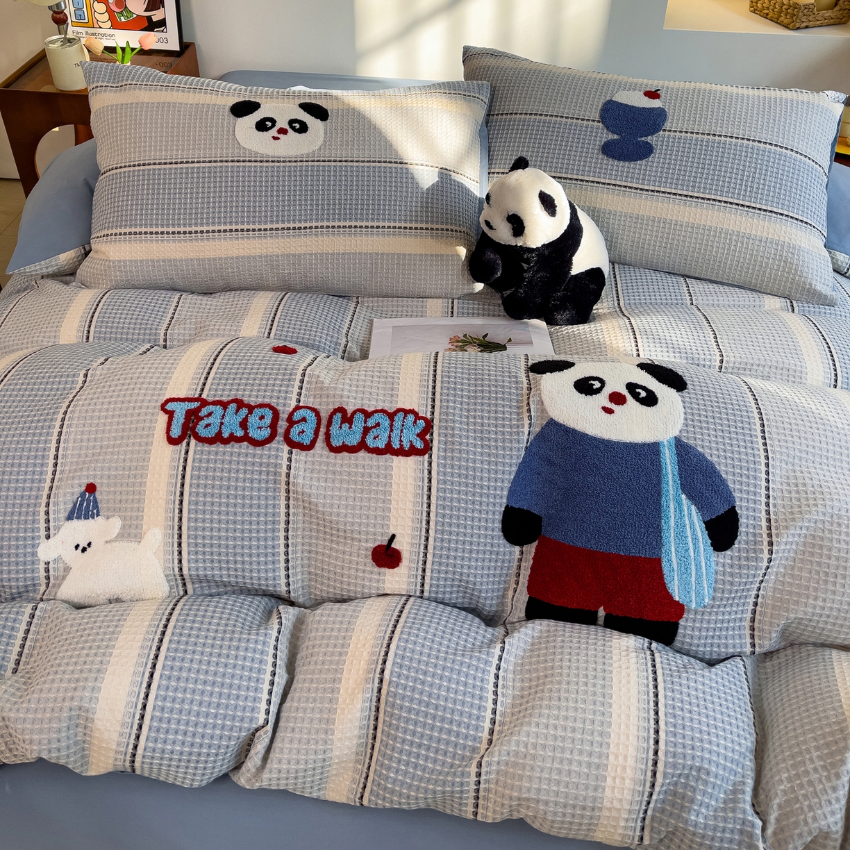 91家纺网 家纺一手货源 找家纺 （总）炫拼家纺 2026新款A类全棉色织华夫格卡通毛巾绣B版40支纯棉水洗棉四件套-乐邦系列