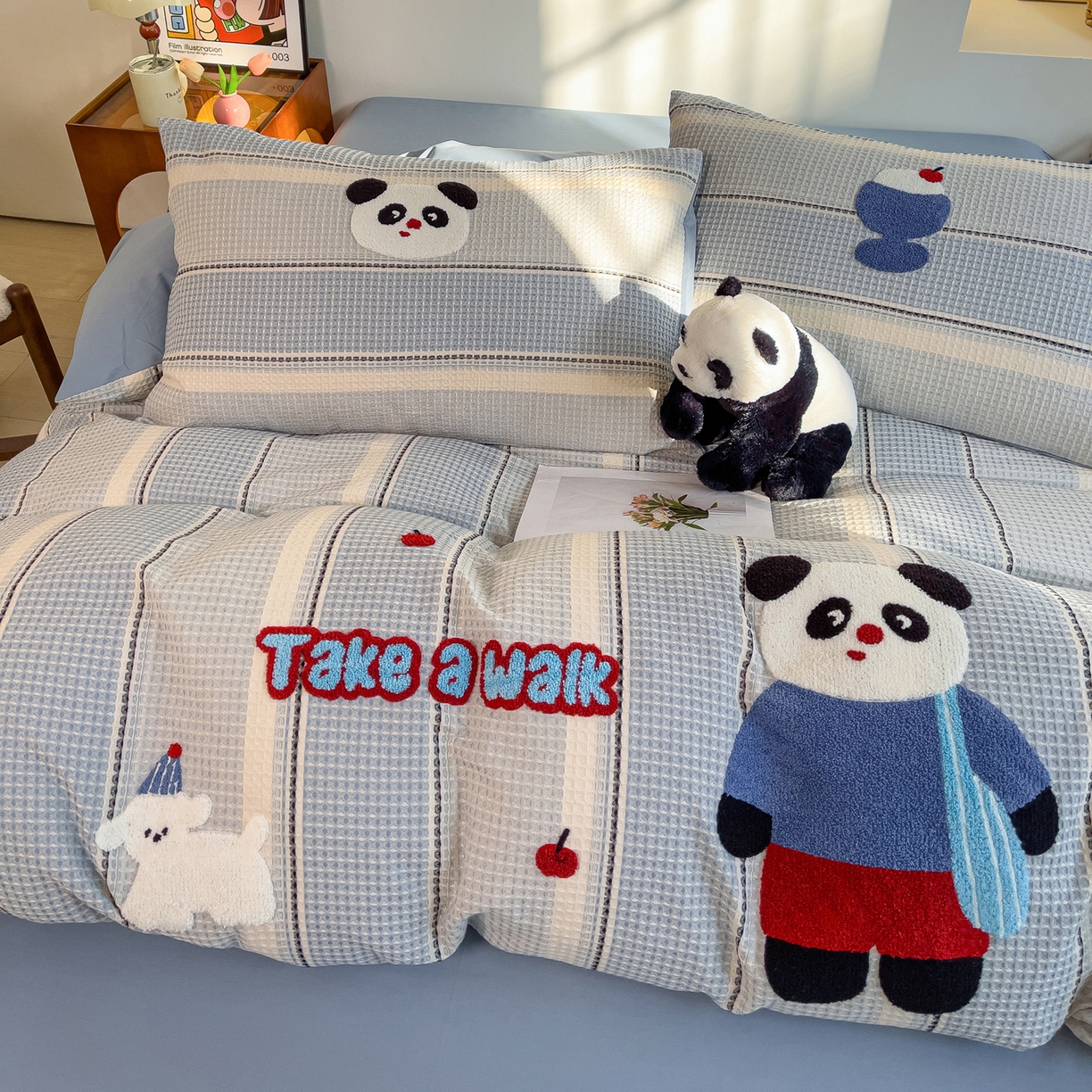 91家纺网 家纺一手货源 找家纺 （总）炫拼家纺 2026新款A类全棉色织华夫格卡通毛巾绣B版40支纯棉水洗棉四件套-乐邦系列