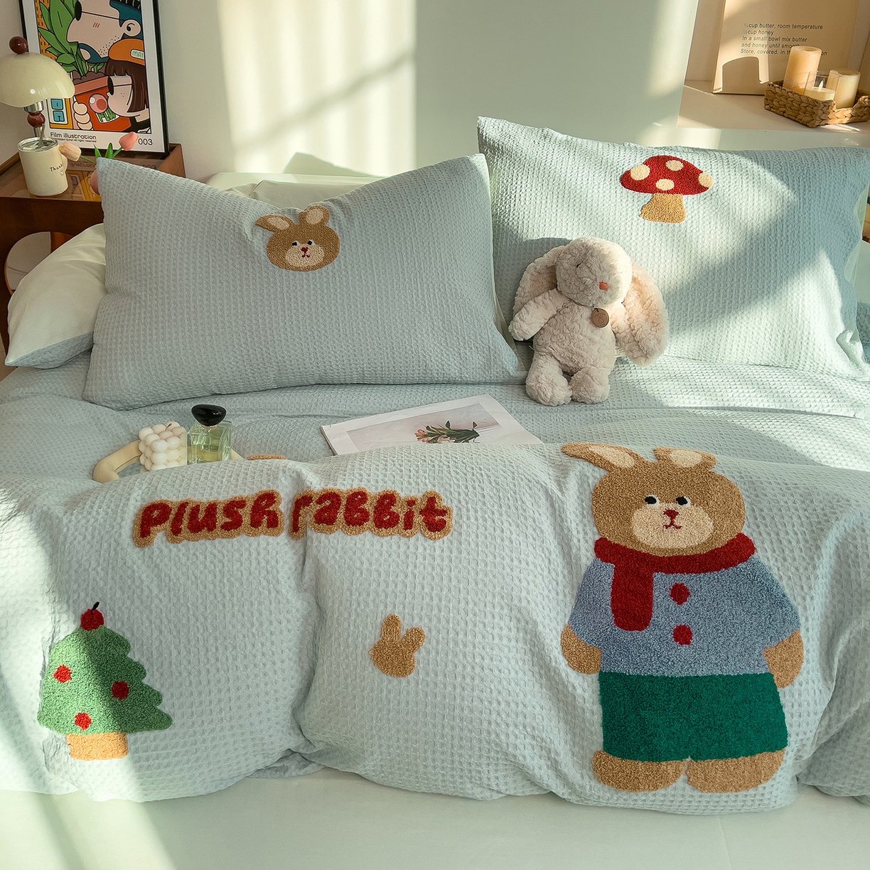 91家纺网 家纺一手货源 找家纺 （总）炫拼家纺 2026新款A类全棉色织华夫格卡通毛巾绣B版40支纯棉水洗棉四件套-乐邦系列