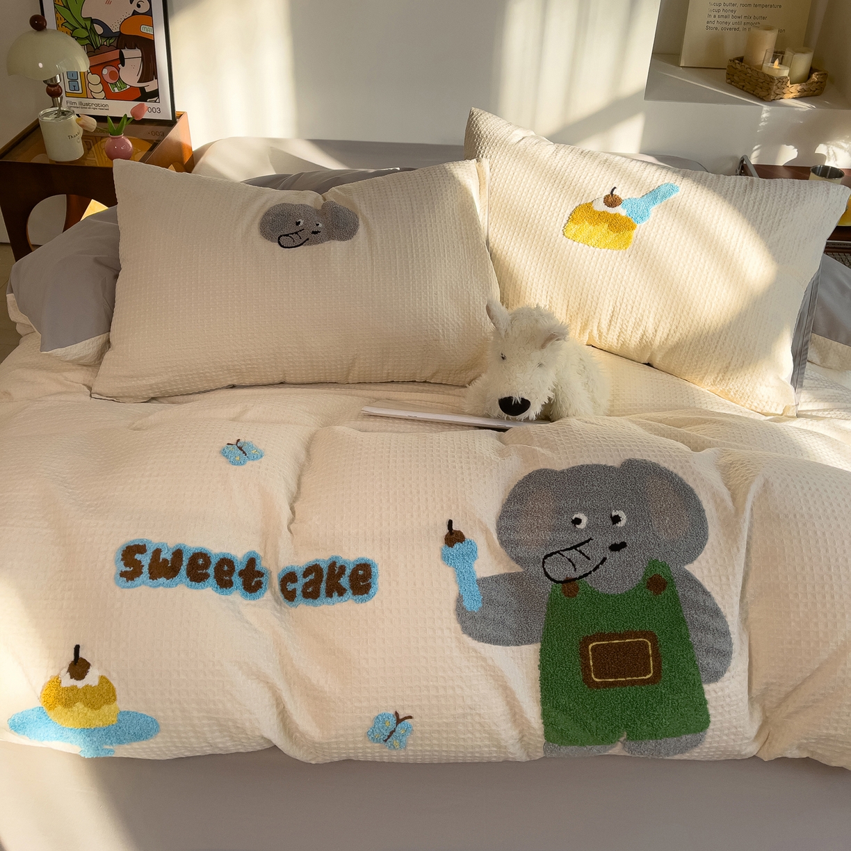 91家纺网 家纺一手货源 找家纺 （总）炫拼家纺 2026新款A类全棉色织华夫格卡通毛巾绣B版40支纯棉水洗棉四件套-乐邦系列