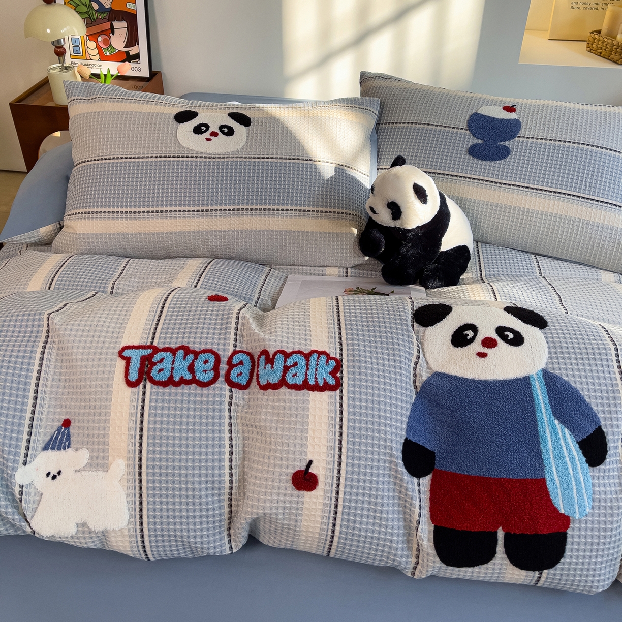 炫拼家纺 2026新款A类全棉色织华夫格卡通毛巾绣B版40支纯棉水洗棉四件套-乐邦系列 乐邦-休闲熊猫