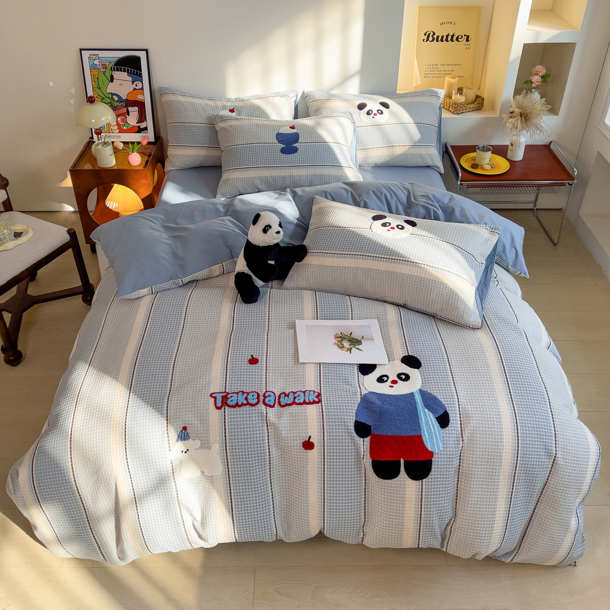 91家纺网 家纺一手货源 找家纺 炫拼家纺 2026新款A类全棉色织华夫格卡通毛巾绣B版40支纯棉水洗棉四件套-乐邦系列 乐邦-休闲熊猫