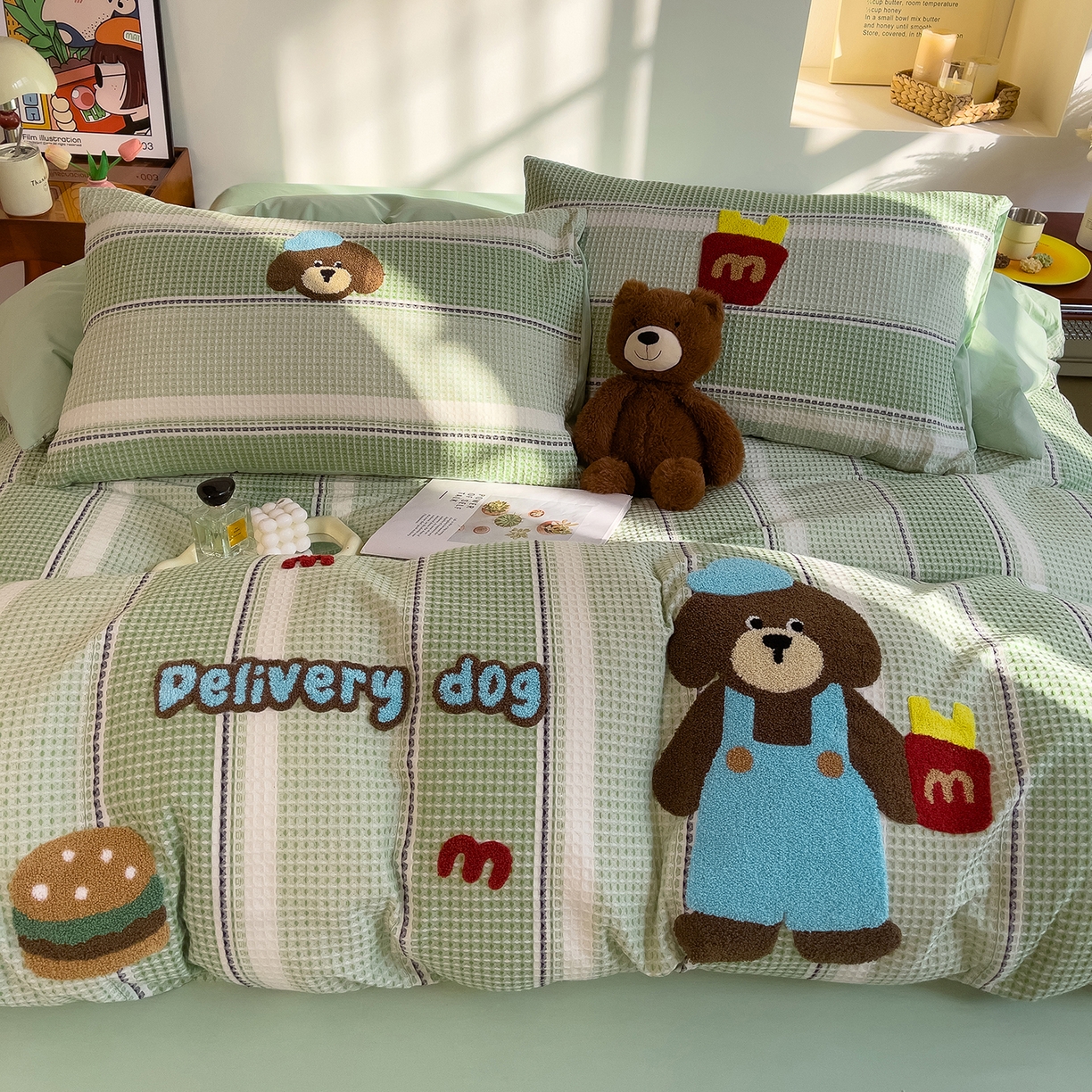 炫拼家纺 2026新款A类全棉色织华夫格卡通毛巾绣B版40支纯棉水洗棉四件套-乐邦系列 乐邦-汉堡狗