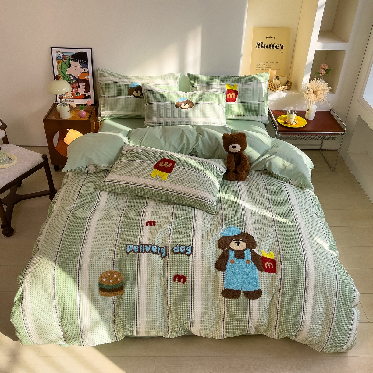 91家纺网 家纺一手货源 找家纺 炫拼家纺 2026新款A类全棉色织华夫格卡通毛巾绣B版40支纯棉水洗棉四件套-乐邦系列 乐邦-汉堡狗