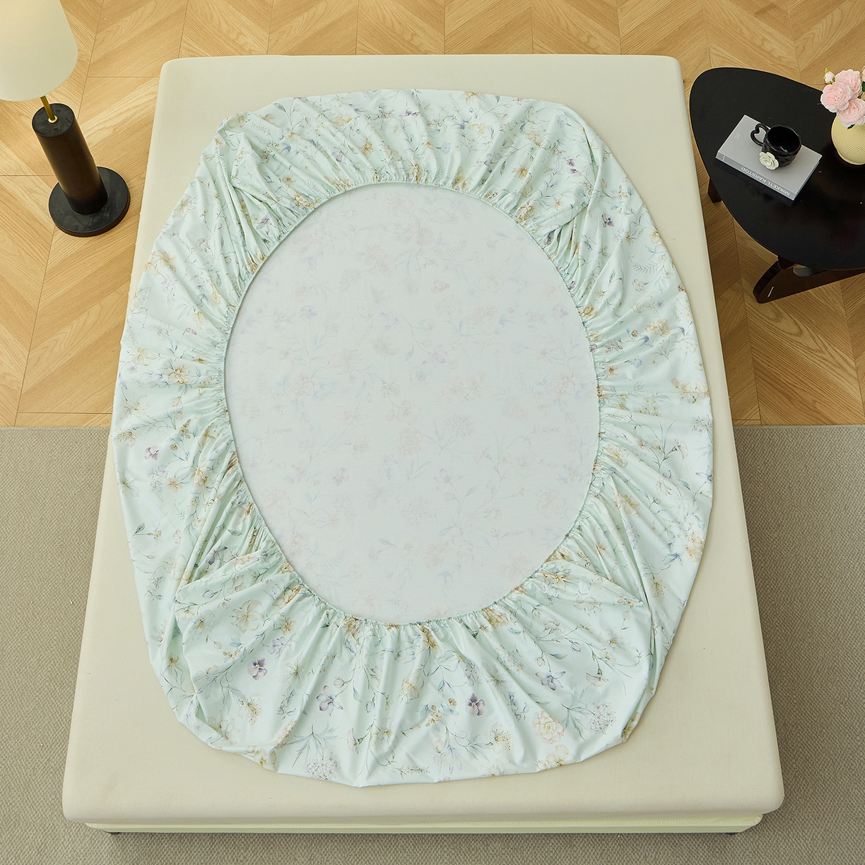 91家纺网 家纺一手货源 找家纺 元元家居（元元被业） 2026新款全棉13372套件及单品【印花款】-单床笠 春晓绿