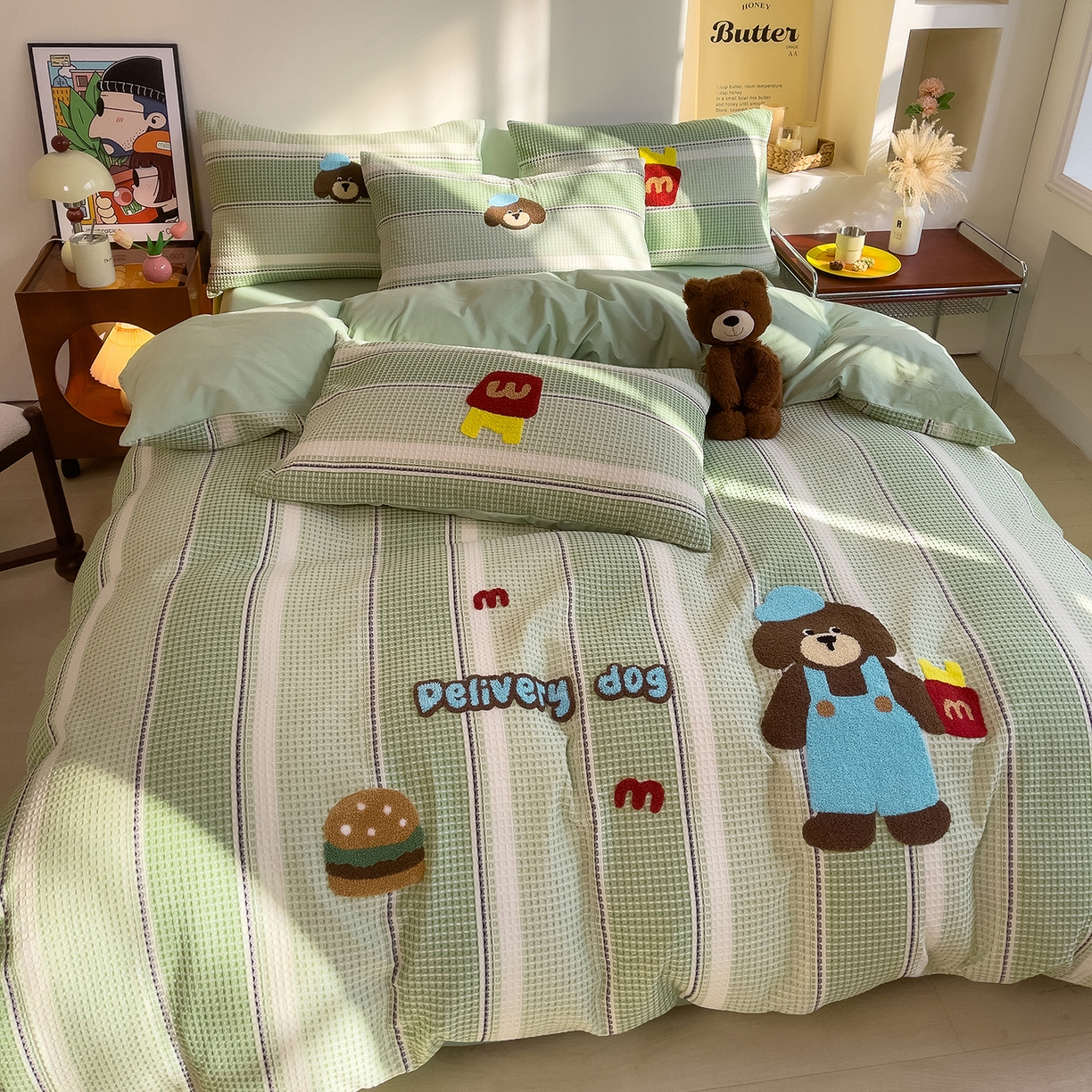 91家纺网 家纺一手货源 找家纺 炫拼家纺 2026新款A类全棉色织华夫格卡通毛巾绣B版40支纯棉水洗棉四件套-乐邦系列 乐邦-汉堡狗