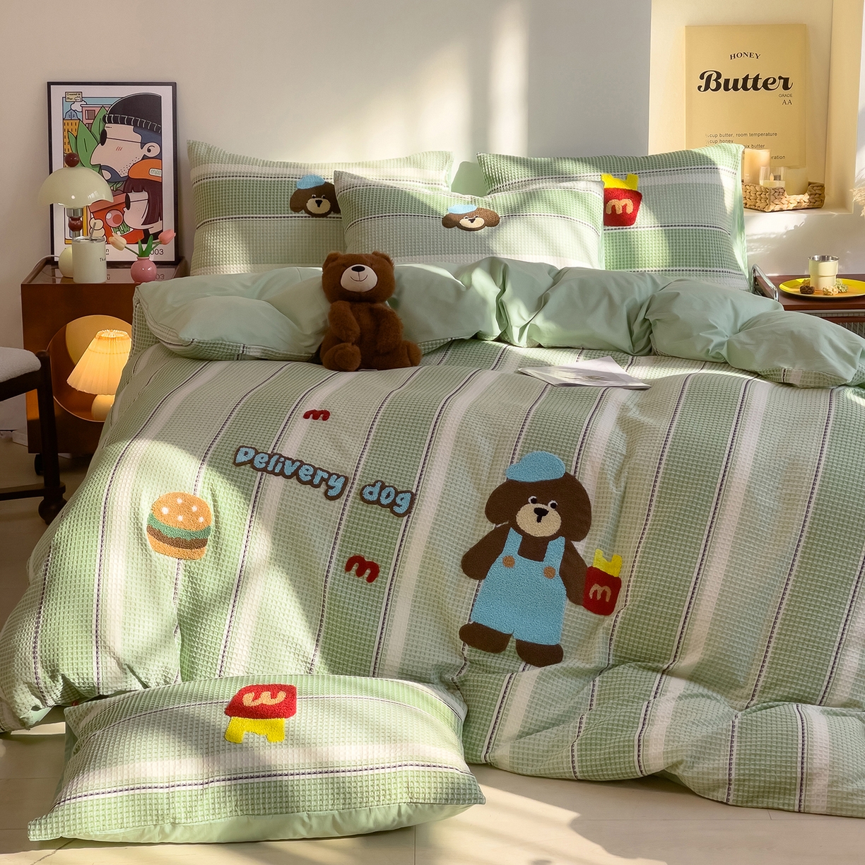 91家纺网 家纺一手货源 找家纺 炫拼家纺 2026新款A类全棉色织华夫格卡通毛巾绣B版40支纯棉水洗棉四件套-乐邦系列 乐邦-汉堡狗