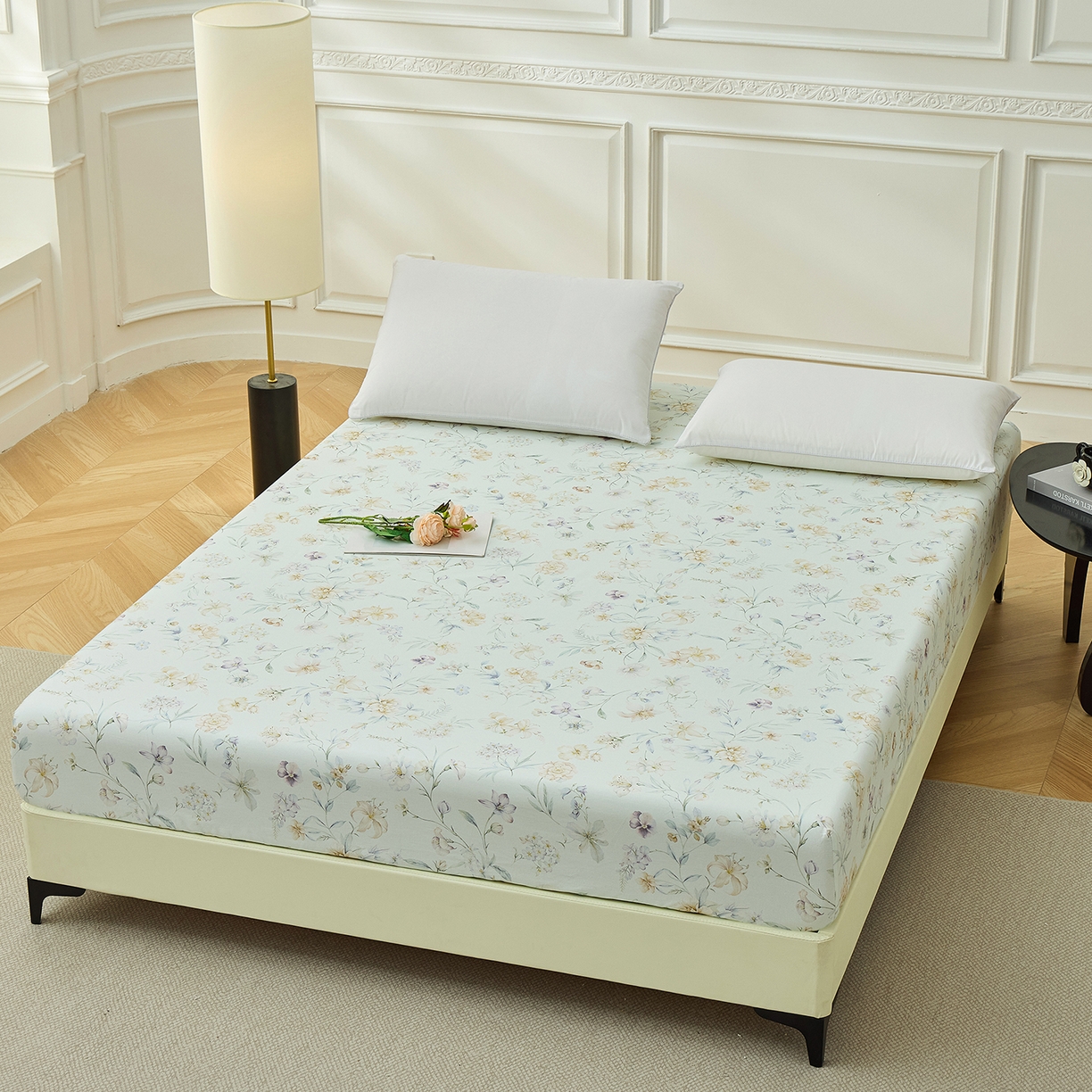 91家纺网 家纺一手货源 找家纺 元元家居（元元被业） 2026新款全棉13372套件及单品【印花款】-单床笠 春晓绿