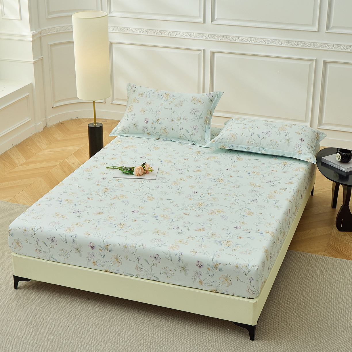 91家纺网 家纺一手货源 找家纺 元元家居（元元被业） 2026新款全棉13372套件及单品【印花款】-单床笠 春晓绿