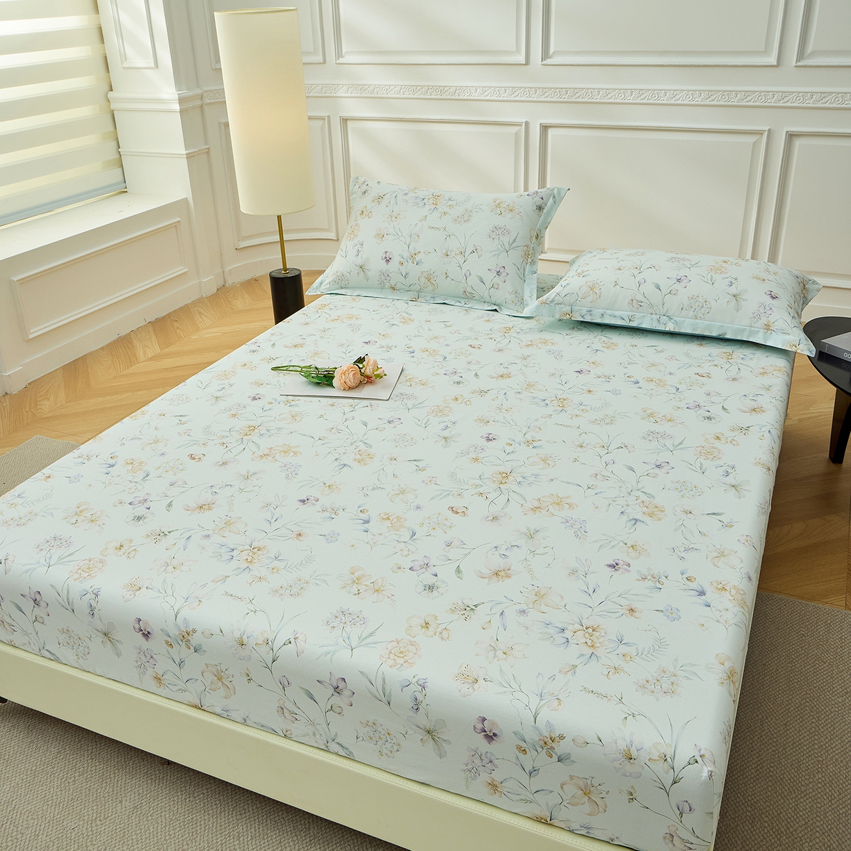 91家纺网 家纺一手货源 找家纺 元元家居（元元被业） 2026新款全棉13372套件及单品【印花款】-单床笠 春晓绿