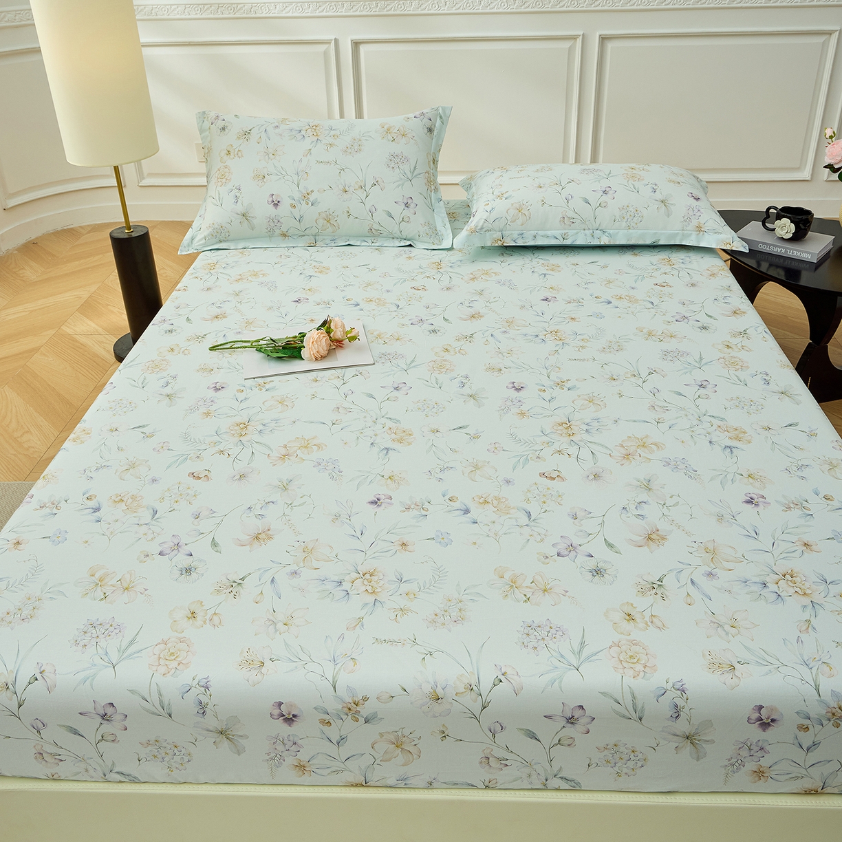 91家纺网 家纺一手货源 找家纺 元元家居（元元被业） 2026新款全棉13372套件及单品【印花款】-单床笠 春晓绿