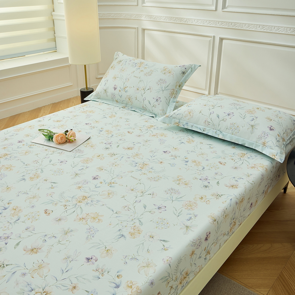 91家纺网 家纺一手货源 找家纺 元元家居（元元被业） 2026新款全棉13372套件及单品【印花款】-单床笠 春晓绿