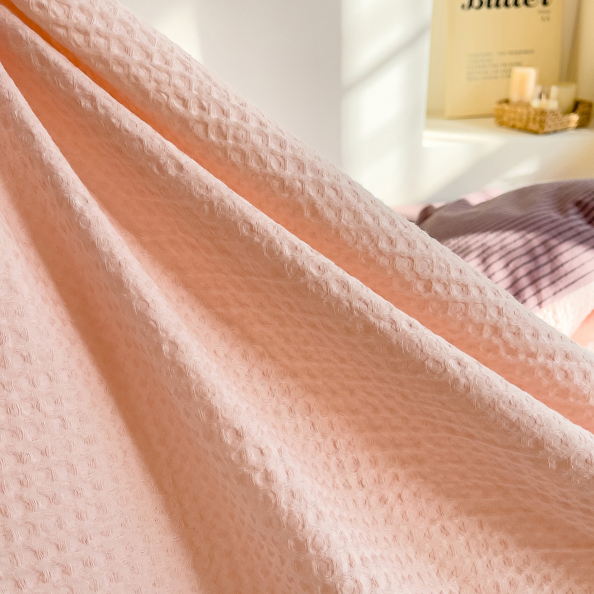 91家纺网 家纺一手货源 找家纺 炫拼家纺 2026新款A类全棉色织华夫格卡通毛巾绣B版40支纯棉水洗棉四件套-乐邦系列 乐邦-梦想猫