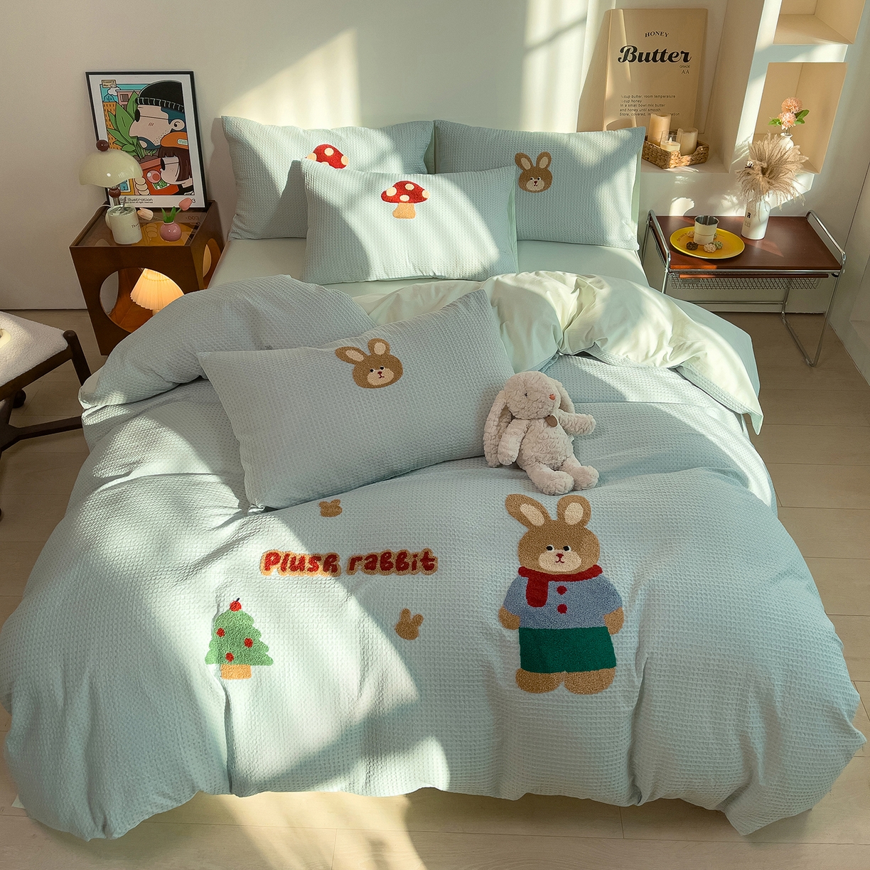 91家纺网 家纺一手货源 找家纺 炫拼家纺 2026新款A类全棉色织华夫格卡通毛巾绣B版40支纯棉水洗棉四件套-乐邦系列 乐邦-米乐兔