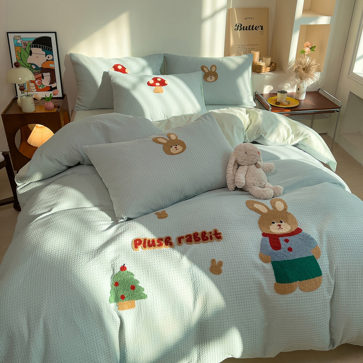 91家纺网 家纺一手货源 找家纺 炫拼家纺 2026新款A类全棉色织华夫格卡通毛巾绣B版40支纯棉水洗棉四件套-乐邦系列 乐邦-米乐兔