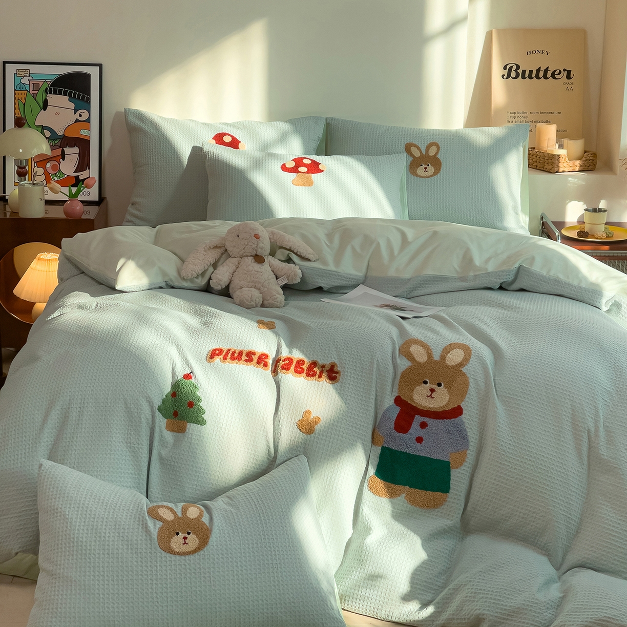 91家纺网 家纺一手货源 找家纺 炫拼家纺 2026新款A类全棉色织华夫格卡通毛巾绣B版40支纯棉水洗棉四件套-乐邦系列 乐邦-米乐兔