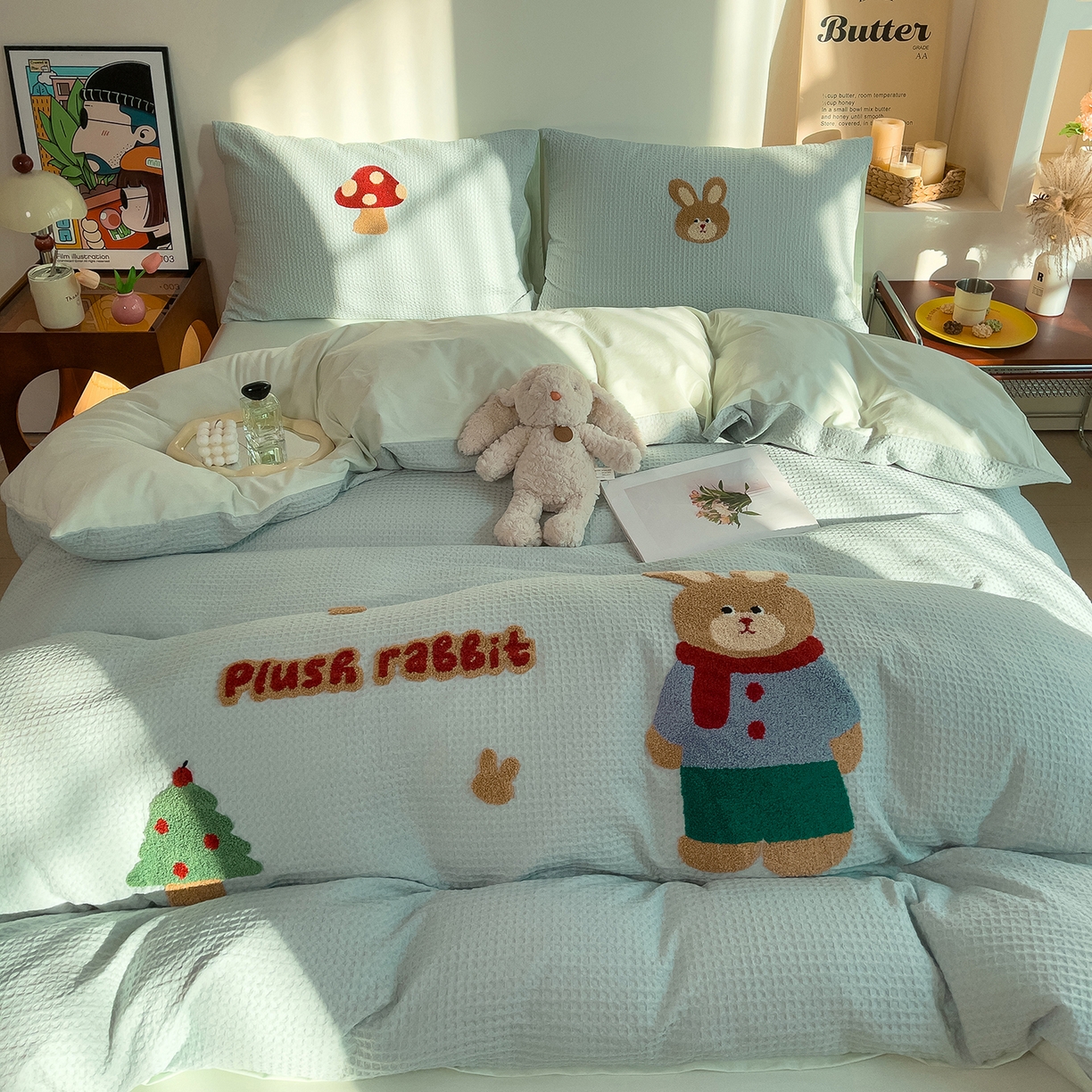 91家纺网 家纺一手货源 找家纺 炫拼家纺 2026新款A类全棉色织华夫格卡通毛巾绣B版40支纯棉水洗棉四件套-乐邦系列 乐邦-米乐兔