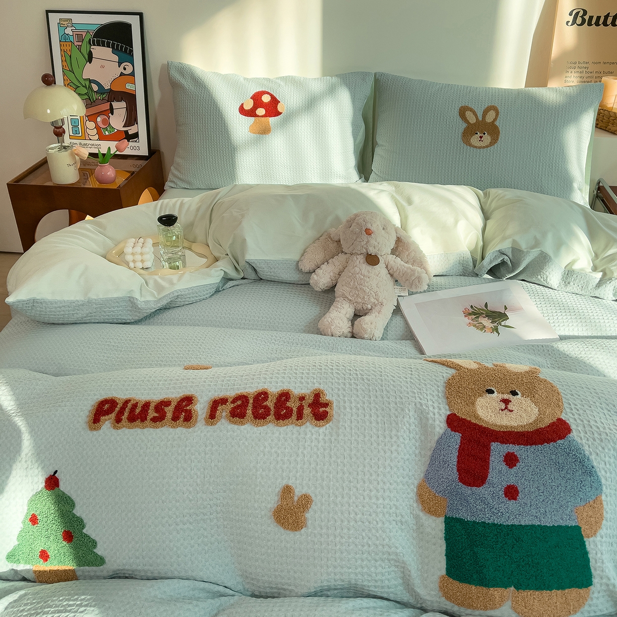 91家纺网 家纺一手货源 找家纺 炫拼家纺 2026新款A类全棉色织华夫格卡通毛巾绣B版40支纯棉水洗棉四件套-乐邦系列 乐邦-米乐兔