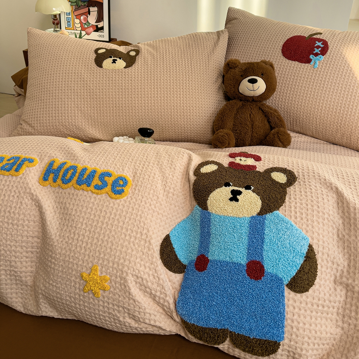 炫拼家纺 2026新款A类全棉色织华夫格卡通毛巾绣B版40支纯棉水洗棉四件套-乐邦系列 乐邦-苹果熊