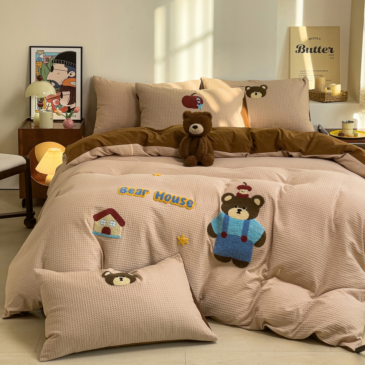 91家纺网 家纺一手货源 找家纺 炫拼家纺 2026新款A类全棉色织华夫格卡通毛巾绣B版40支纯棉水洗棉四件套-乐邦系列 乐邦-苹果熊