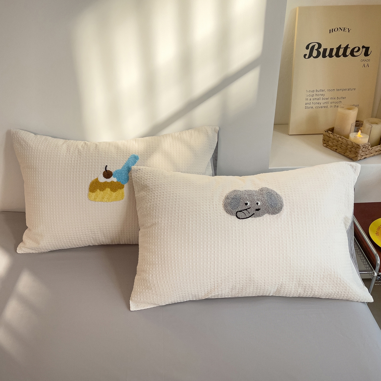 91家纺网 家纺一手货源 找家纺 炫拼家纺 2026新款A类全棉色织华夫格卡通毛巾绣B版40支纯棉水洗棉四件套-乐邦系列 乐邦-甜筒象