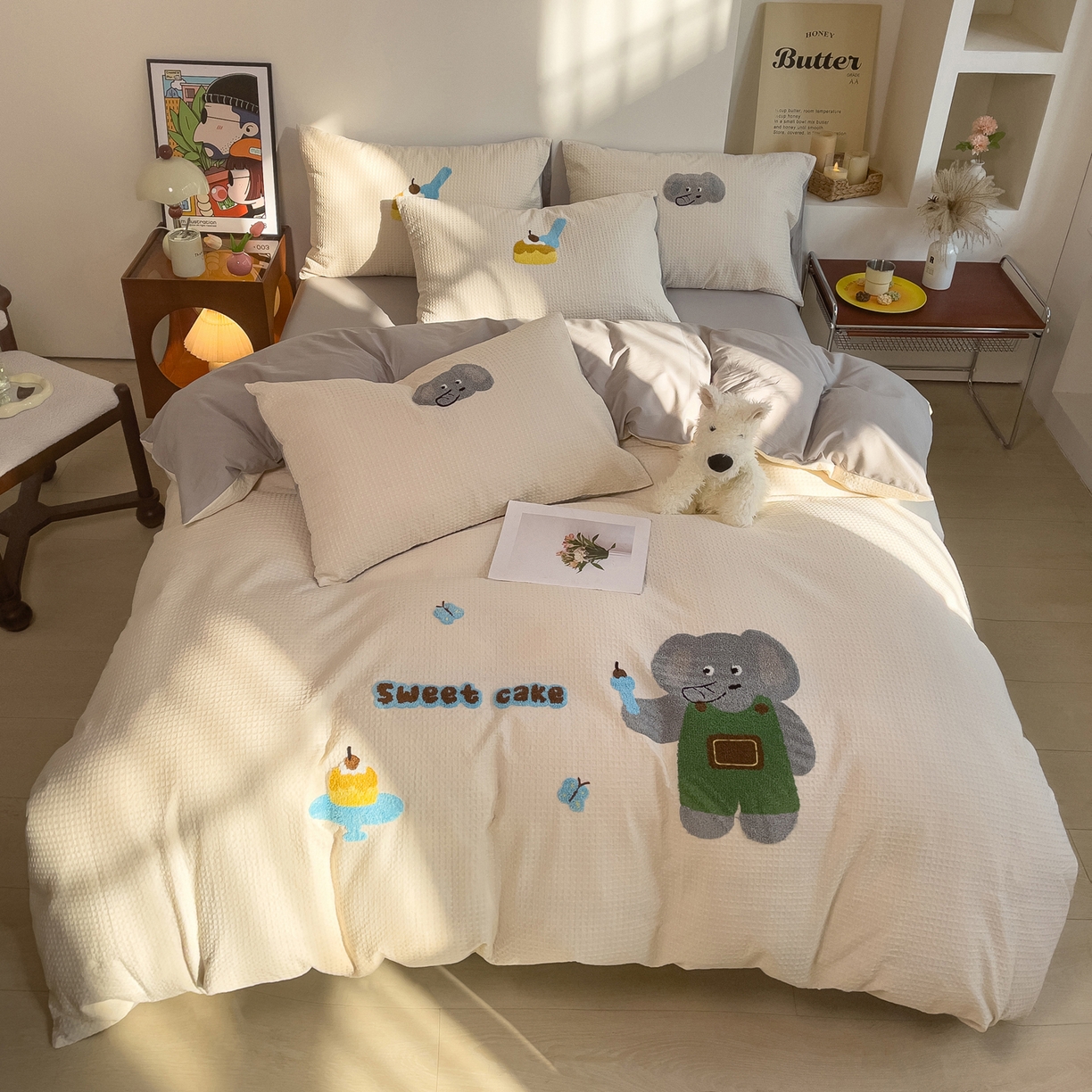 91家纺网 家纺一手货源 找家纺 炫拼家纺 2026新款A类全棉色织华夫格卡通毛巾绣B版40支纯棉水洗棉四件套-乐邦系列 乐邦-甜筒象