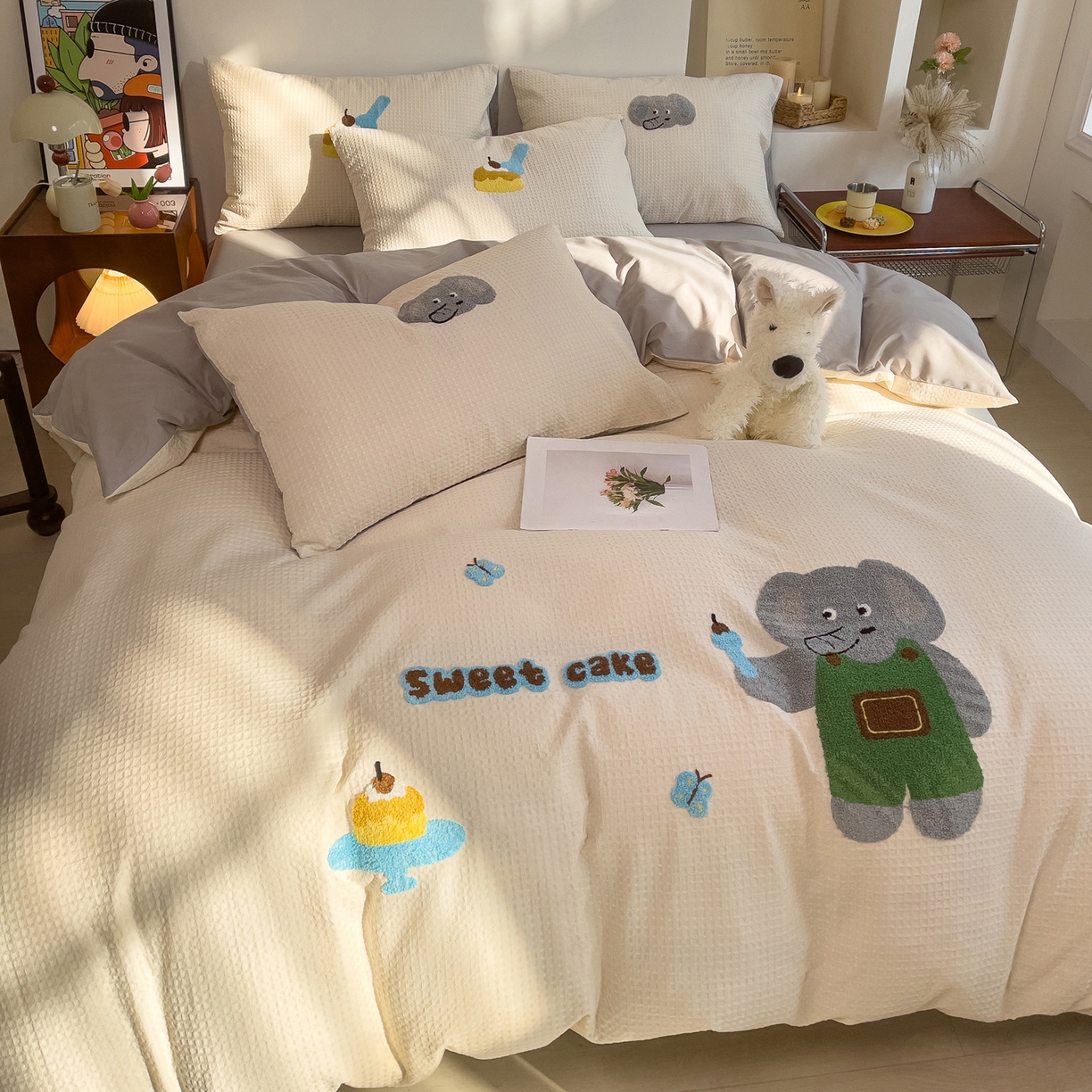 91家纺网 家纺一手货源 找家纺 炫拼家纺 2026新款A类全棉色织华夫格卡通毛巾绣B版40支纯棉水洗棉四件套-乐邦系列 乐邦-甜筒象