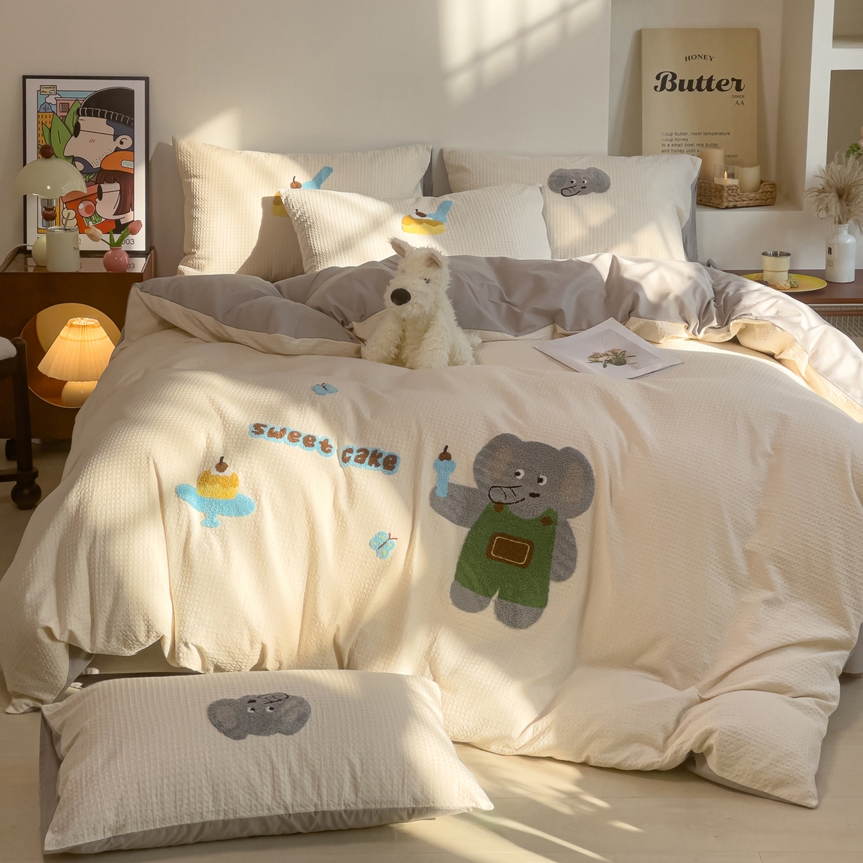 91家纺网 家纺一手货源 找家纺 炫拼家纺 2026新款A类全棉色织华夫格卡通毛巾绣B版40支纯棉水洗棉四件套-乐邦系列 乐邦-甜筒象