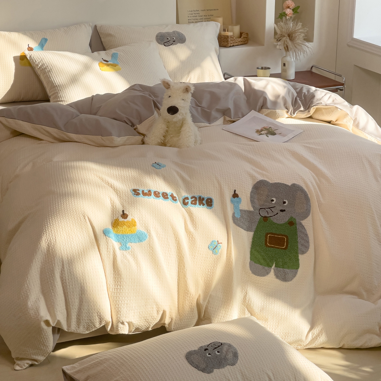 91家纺网 家纺一手货源 找家纺 炫拼家纺 2026新款A类全棉色织华夫格卡通毛巾绣B版40支纯棉水洗棉四件套-乐邦系列 乐邦-甜筒象