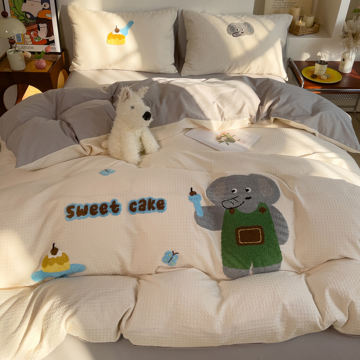 91家纺网 家纺一手货源 找家纺 炫拼家纺 2026新款A类全棉色织华夫格卡通毛巾绣B版40支纯棉水洗棉四件套-乐邦系列 乐邦-甜筒象