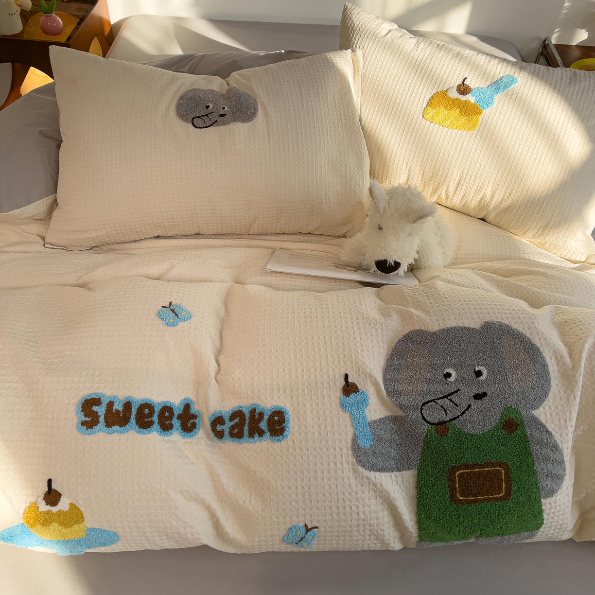 91家纺网 家纺一手货源 找家纺 炫拼家纺 2026新款A类全棉色织华夫格卡通毛巾绣B版40支纯棉水洗棉四件套-乐邦系列 乐邦-甜筒象