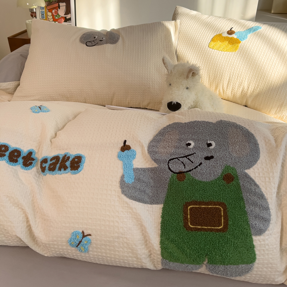 91家纺网 家纺一手货源 找家纺 炫拼家纺 2026新款A类全棉色织华夫格卡通毛巾绣B版40支纯棉水洗棉四件套-乐邦系列 乐邦-甜筒象