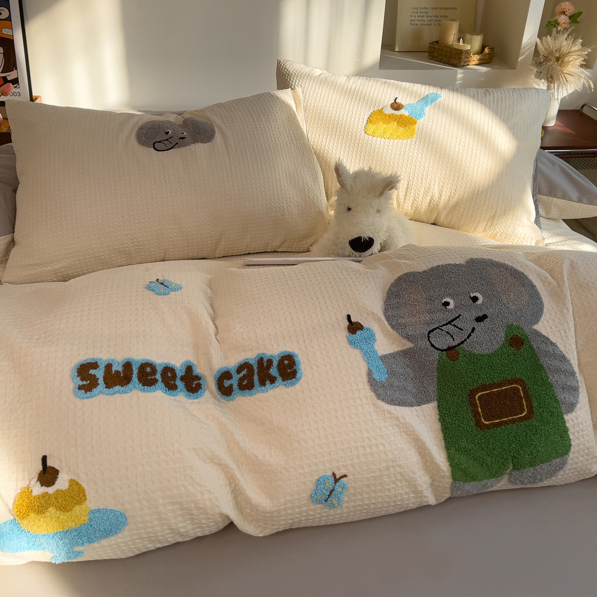 91家纺网 家纺一手货源 找家纺 炫拼家纺 2026新款A类全棉色织华夫格卡通毛巾绣B版40支纯棉水洗棉四件套-乐邦系列 乐邦-甜筒象