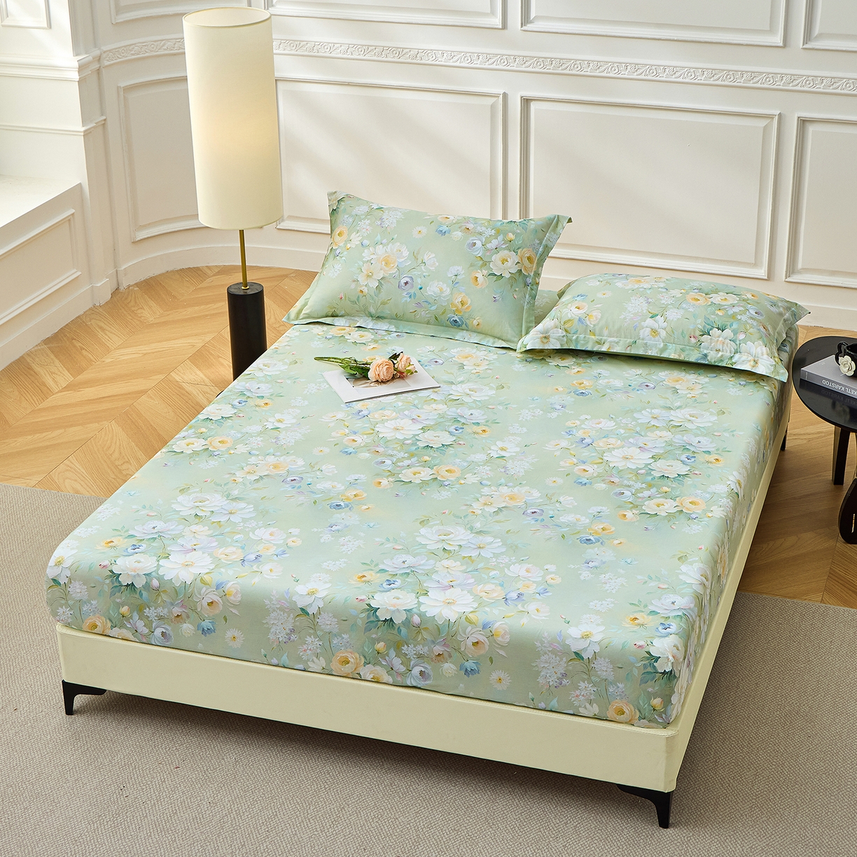 91家纺网 家纺一手货源 找家纺 元元家居（元元被业） 2026新款全棉13372套件及单品【印花款】-单床笠 花漾绿