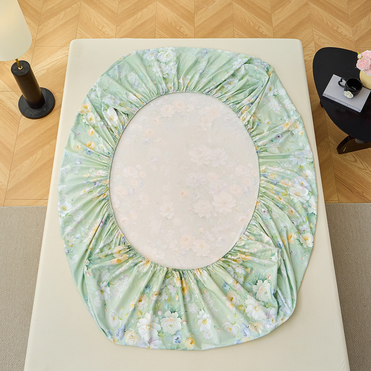 91家纺网 家纺一手货源 找家纺 元元家居（元元被业） 2026新款全棉13372套件及单品【印花款】-单床笠 花漾绿