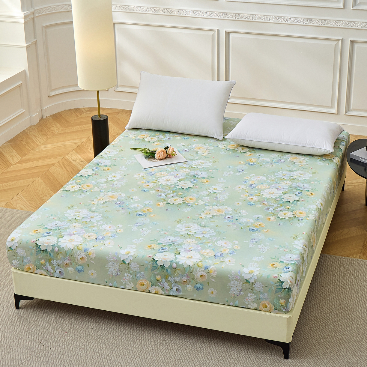 91家纺网 家纺一手货源 找家纺 元元家居（元元被业） 2026新款全棉13372套件及单品【印花款】-单床笠 花漾绿