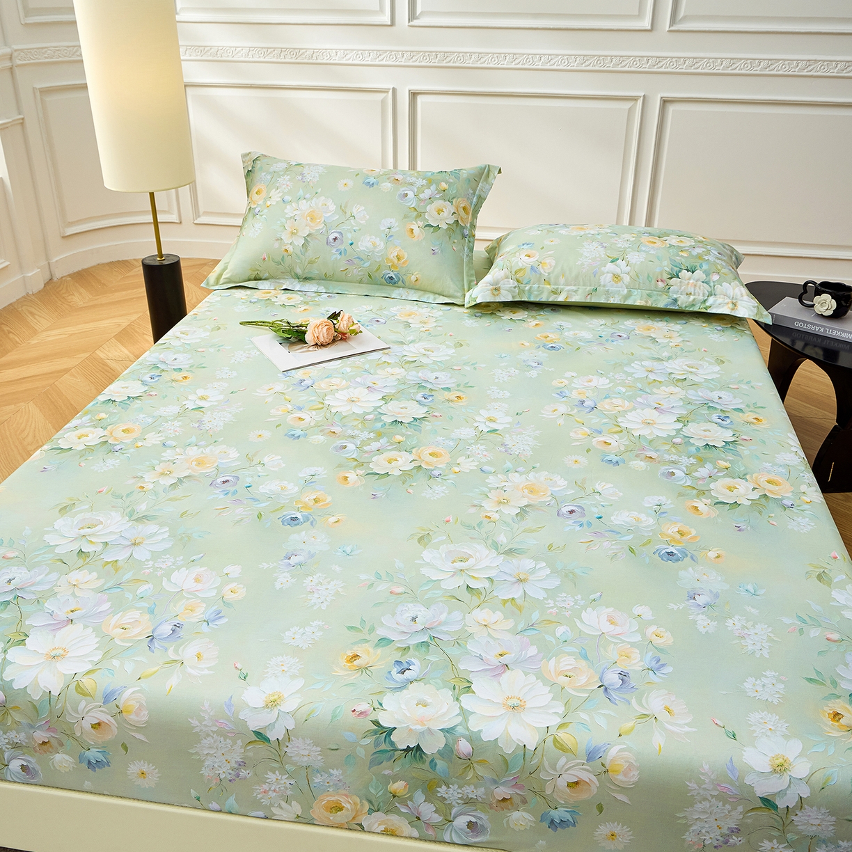 91家纺网 家纺一手货源 找家纺 元元家居（元元被业） 2026新款全棉13372套件及单品【印花款】-单床笠 花漾绿