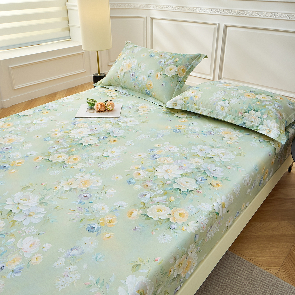 91家纺网 家纺一手货源 找家纺 元元家居（元元被业） 2026新款全棉13372套件及单品【印花款】-单床笠 花漾绿