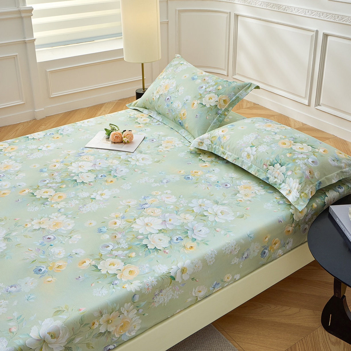 91家纺网 家纺一手货源 找家纺 元元家居（元元被业） 2026新款全棉13372套件及单品【印花款】-单床笠 花漾绿