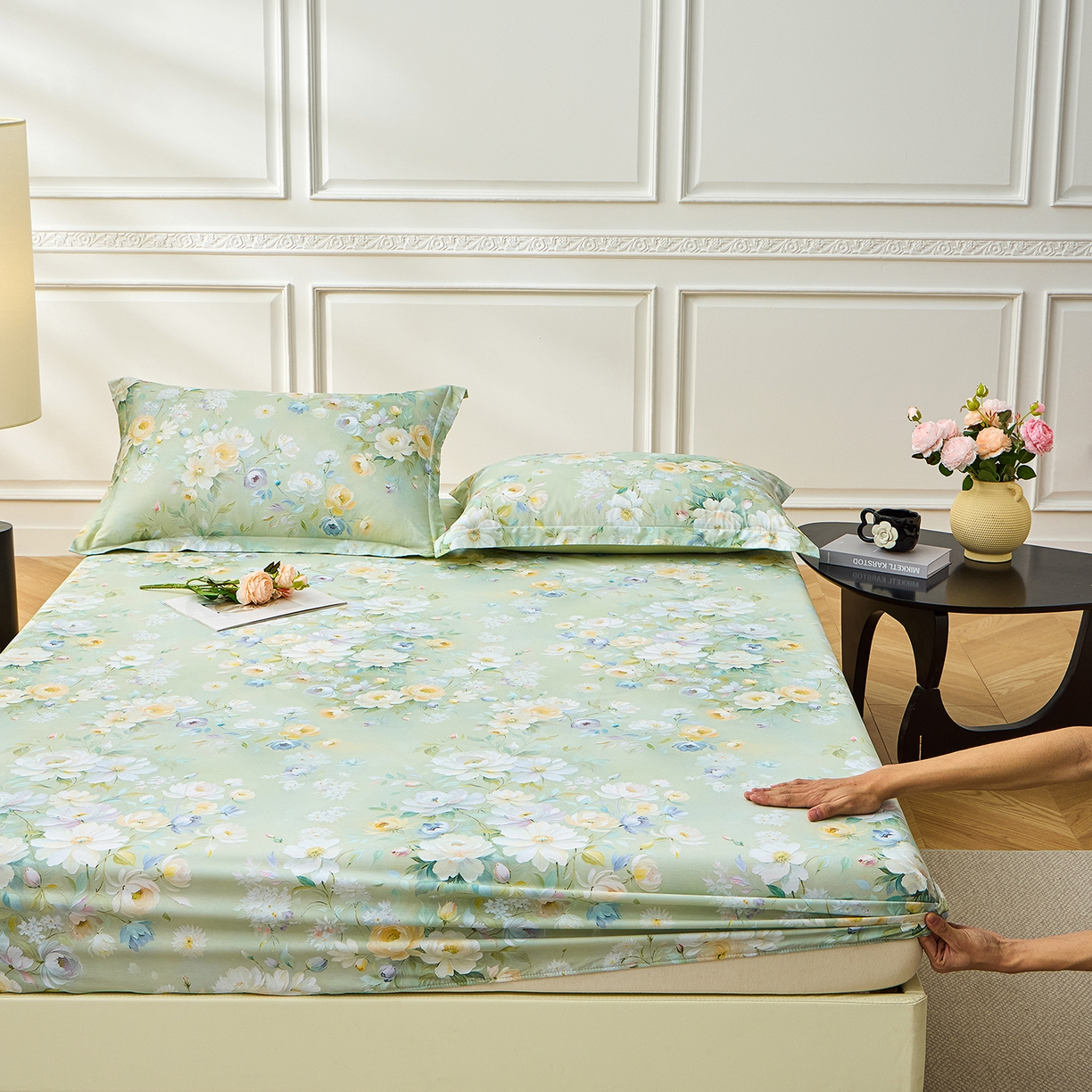 91家纺网 家纺一手货源 找家纺 元元家居（元元被业） 2026新款全棉13372套件及单品【印花款】-单床笠 花漾绿