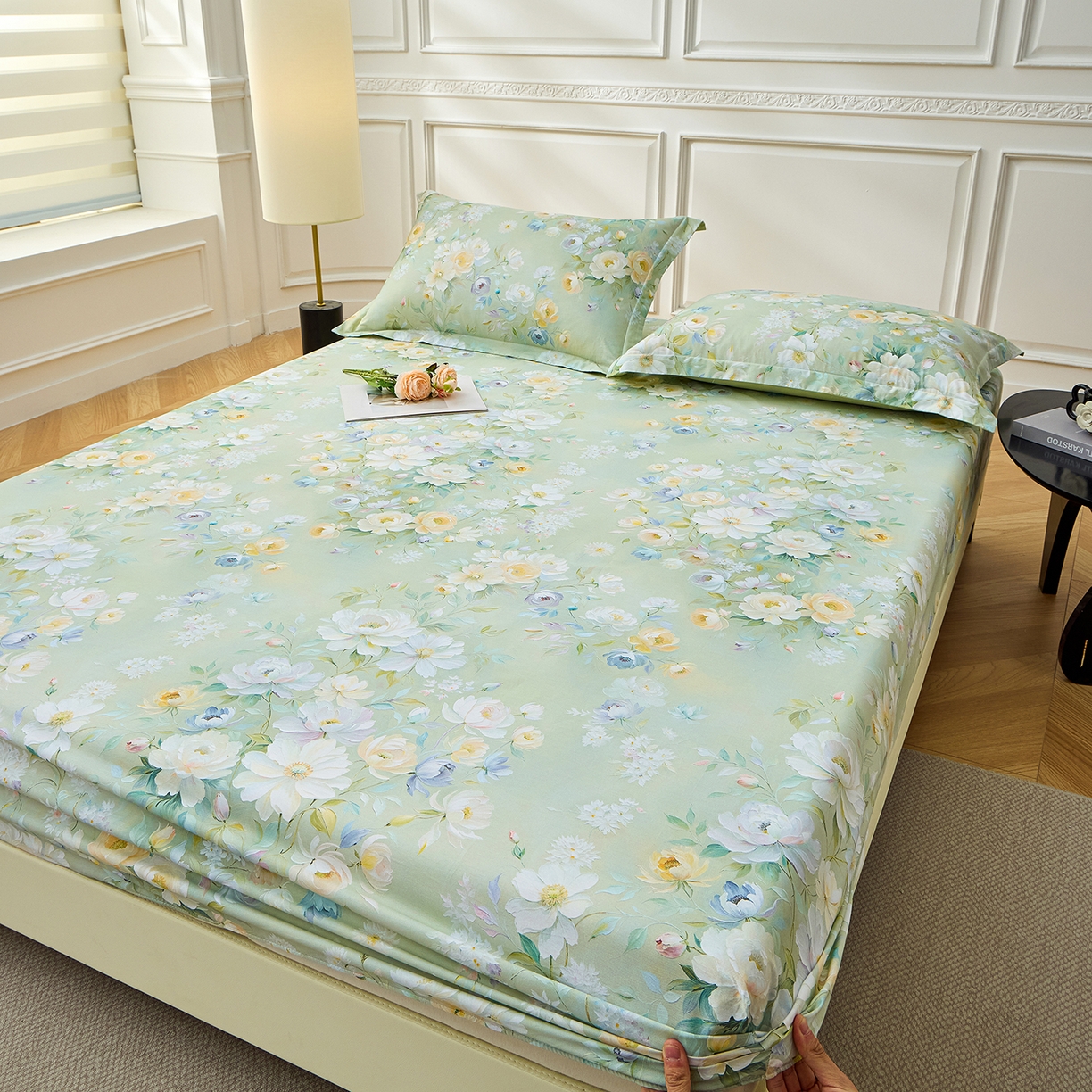 91家纺网 家纺一手货源 找家纺 元元家居（元元被业） 2026新款全棉13372套件及单品【印花款】-单床笠 花漾绿