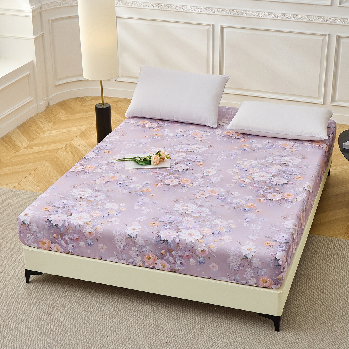 91家纺网 家纺一手货源 找家纺 元元家居（元元被业） 2026新款全棉13372套件及单品【印花款】-单床笠 花漾紫