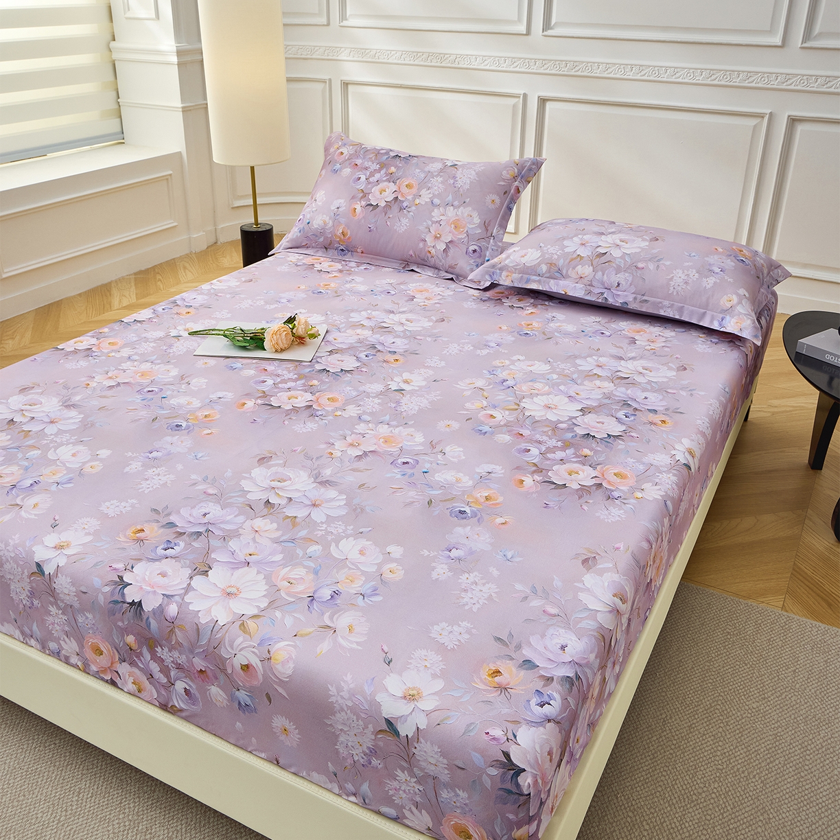 91家纺网 家纺一手货源 找家纺 元元家居（元元被业） 2026新款全棉13372套件及单品【印花款】-单床笠 花漾紫