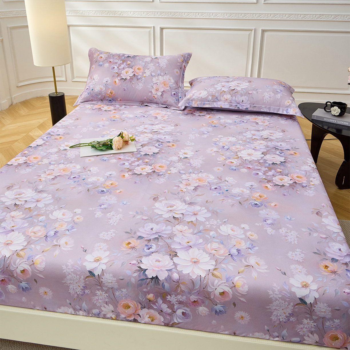 91家纺网 家纺一手货源 找家纺 元元家居（元元被业） 2026新款全棉13372套件及单品【印花款】-单床笠 花漾紫