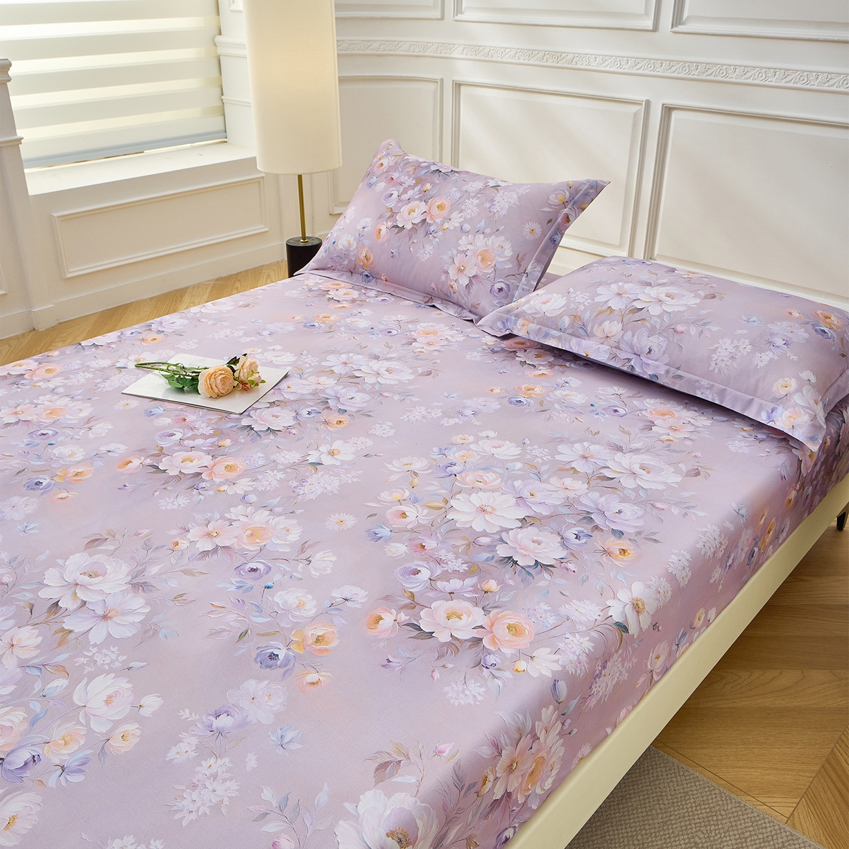 91家纺网 家纺一手货源 找家纺 元元家居（元元被业） 2026新款全棉13372套件及单品【印花款】-单床笠 花漾紫