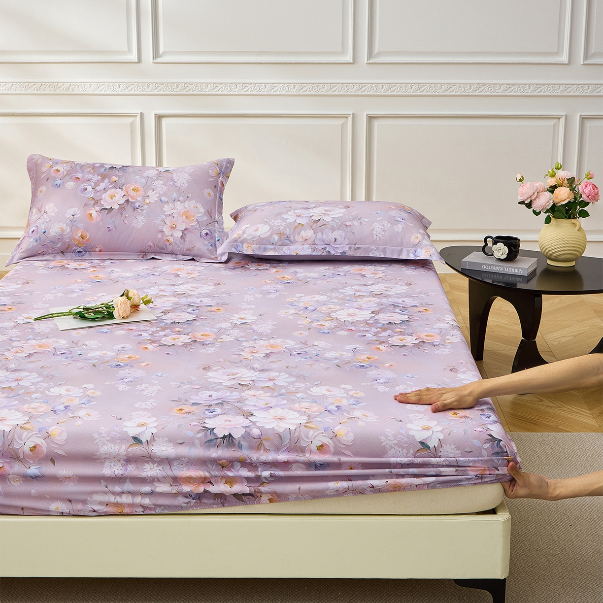 91家纺网 家纺一手货源 找家纺 元元家居（元元被业） 2026新款全棉13372套件及单品【印花款】-单床笠 花漾紫