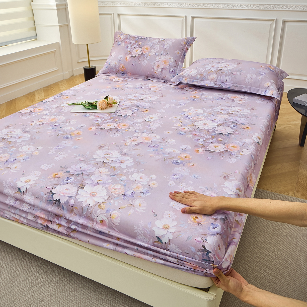 91家纺网 家纺一手货源 找家纺 元元家居（元元被业） 2026新款全棉13372套件及单品【印花款】-单床笠 花漾紫