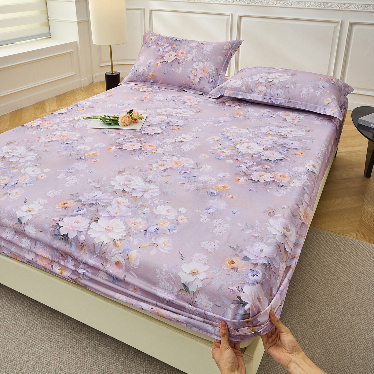 91家纺网 家纺一手货源 找家纺 元元家居（元元被业） 2026新款全棉13372套件及单品【印花款】-单床笠 花漾紫