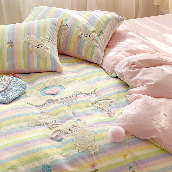 91家纺网 家纺一手货源 找家纺 （总）暖意家纺 2026新款全棉纯棉贴布绣云朵兔三四件套系列